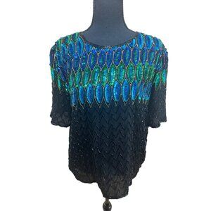 Vintage Sequin Peacock Feather Top Black Silk Blouse By Tenay Heavily Beaded